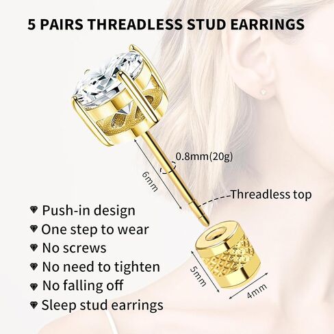 Surgical Stainless Steel Stud Earrings Push-in Threadless Flat Back Stud Earrings Hypoallergenic Cubic Zirconia Earrings Studs Set Multi-Pack, CZ Studs Earrings Trendy Cartilage Stud Earrings 3-8mm for Women Men in Saudi Arabia