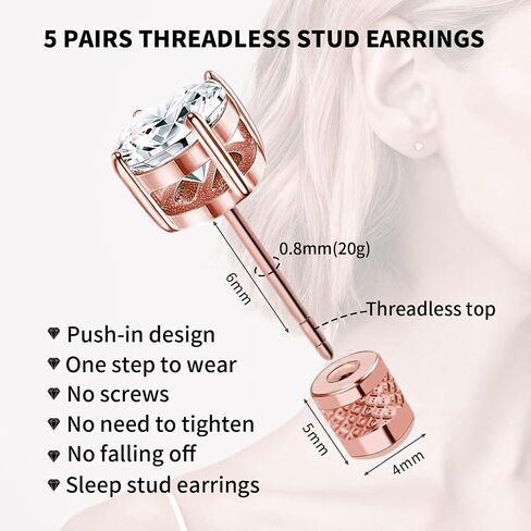 Surgical Stainless Steel Stud Earrings Push-in Threadless Flat Back Stud Earrings Hypoallergenic Cubic Zirconia Earrings Studs Set Multi-Pack, CZ Studs Earrings Trendy Cartilage Stud Earrings 3-8mm for Women Men in Saudi Arabia