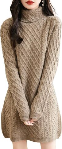 Women's Turtleneck 100% Merino Wool Sweater Dress 2024 Fall Winter Casual Long Sleeve Cable Knit Long Sweater in Saudi Arabia