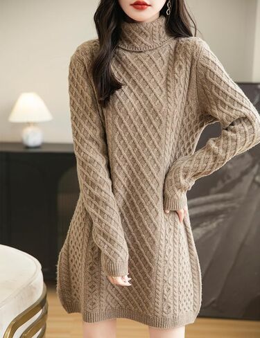 Women's Turtleneck 100% Merino Wool Sweater Dress 2024 Fall Winter Casual Long Sleeve Cable Knit Long Sweater in Saudi Arabia