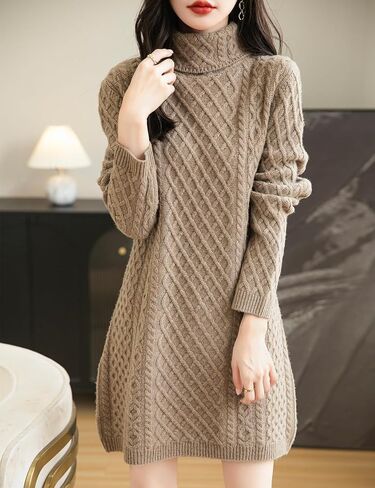 Women's Turtleneck 100% Merino Wool Sweater Dress 2024 Fall Winter Casual Long Sleeve Cable Knit Long Sweater in Saudi Arabia