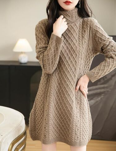 Women's Turtleneck 100% Merino Wool Sweater Dress 2024 Fall Winter Casual Long Sleeve Cable Knit Long Sweater in Saudi Arabia