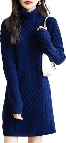 Women's Turtleneck 100% Merino Wool Sweater Dress 2024 Fall Winter Casual Long Sleeve Cable Knit Long Sweater in Saudi Arabia