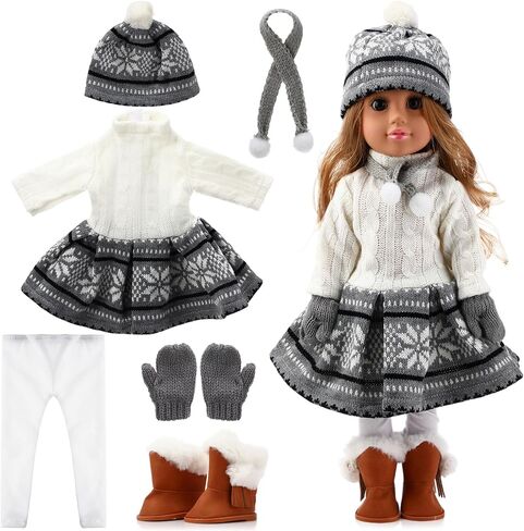 6 Pcs Winter Doll Clothes and Accessories Set 18 Inches Christmas Doll Outfits Xmas Costumes Included Sweats Dress Trousers Hat Shoes Scarf Gloves for Party Favors Girl Gift(Snow,Gray) in Saudi Arabia