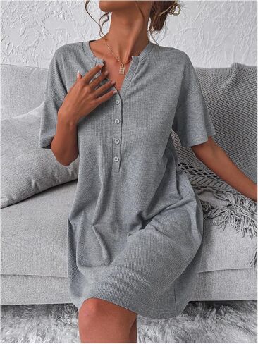 MakeMeChic Women's Button Front Nightgowns Short Sleeve Loose Comfy Pajama Nightdress in Saudi Arabia