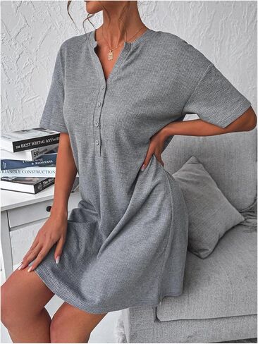 MakeMeChic Women's Button Front Nightgowns Short Sleeve Loose Comfy Pajama Nightdress in Saudi Arabia