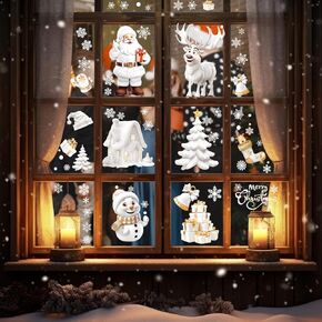 191PCS Christmas Window Clings, White Snowflake Window Clings Double Sided, Christmas Window Decorations Indoor, Xmas Window Clings for Glass Windows, Santa Claus Christmas Treesnowman Reindeer Decor