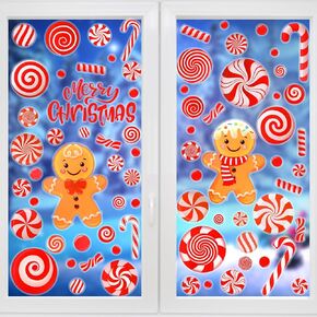 HOWAF 9 Sheets Christmas Candy Window Clings, Red Peppermint Window Stickers for Merry Christmas Party Decorations, Gingerbread Man Christmas Lollipop Window Decals for Xmas Holiday Window Decor