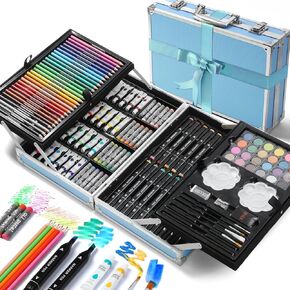 131 Pcs Art Supplies for Kids, Art Kit with Portable Aluminum Case, Deluxe Art Set with Colored Pencils, Pastels, Paints, Markers, Crafts Drawing Present for Kids Adults Beginners Artists, Blue