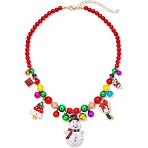 HEIDKRUEGER Christmas Necklace Jingle Bell Beaded Ball Necklace Snowman Santa Claus Hat Christmas Tree Gift Stocking Pendant Beaded Chain Necklace Holiday Party Jewelry for Women