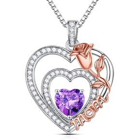 Iefil Birthstone Necklaces Gifts for Mom - S925 Sterling Silver Rose Heart Pendant Birthstone Necklace for Mom Valentines Christmas Birthday Jewelry Gifts for Mom Step Mom Bonus Mom New Mom