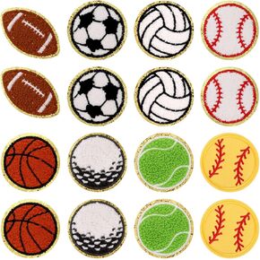 16pcs Sports Iron on Patches, Baseball Basketball Golf Football Chenille Patches Volleyball Rugby Soccer Sew on Embroidered Applique DIY Accessories Repair Hats Jeans Backpack Clothes