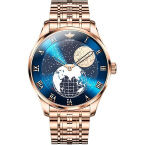 OUPINKE Men Automatic Watch Starry Sky Moon Phase Rose Gold Silver Stainless Steel Self-Winding Luxury Business Waterproof Wrist Watch