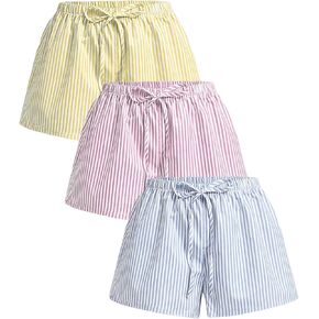 Milumia Women 3 Pack Striped Drawstring Waisted Shorts Wide Leg Sleep Shorts
