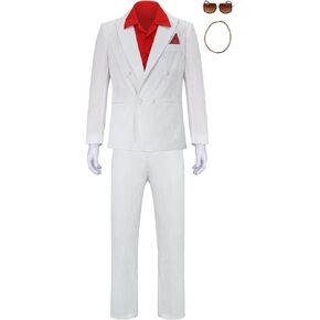 Men Tony Montana Costume Gangster White Suit Shirt Blazer Pants Glasses Gloves Halloween 1980s Movie Cosplay Outfit (X-Large)