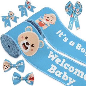 2 Rolls Baby Boy Ribbon, Welcome Baby It's a Boy Blue Wired Ribbons, Bear Baby Print, 2.55" Wide 5 Yards Each Roll for Baby Shower Decorations,Newborn Gift Wrapping, Birth Announcement Party Supplies