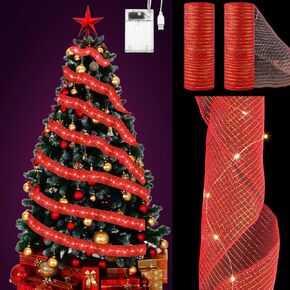 2 Rolls Christmas Mesh Ribbon Lights 10 Inch X 30 Feet 100 Led Christmas Tree Decor Ribbon Lights with Battery Operated USB Plug for Party Weddings Holiday Christmas Decoration(Burlap)