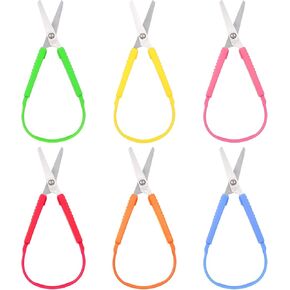 6 Pack Mini Loop Scissors for Children, Self Opening Adaptive Scissors Right and Lefty Support, Colorful Grip Scissors Set for Kids and Adults Special Needs, Squeeze Scissors Easy Grip Loop Scissors