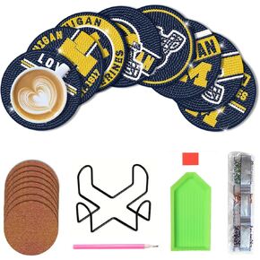 Bartogro 8 Pcs College Football Diamond Art Coasters Kits with Holder, Diamond Painting Coaster Kits DIY Crafts for Adults Diamond Art Painting Kits Supplies for Michigan Gift
