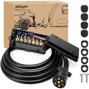 Nilight Heavy Duty 7 Way Inline Trailer Plug with 7 Gang Junction Box - 8 Feet, Trailer Connector Cable Wiring Harness with Weatherproof Junction Box Suitable for RV Automotives Cars,2 Years Warranty