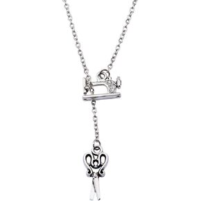 SEIRAA Sewing Machine and Scissors Pendant Necklace Vintage Style Hairdresser Necklace Gift for Barber