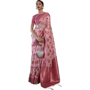 Womens Organza Woven Design Saree With Unstitched Blouse Piece