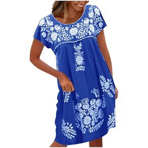 Mexican Dress for Women Floral Embroidered Linen Short Sleeve Dress Fiesta Peasant Casual Loose Dresses