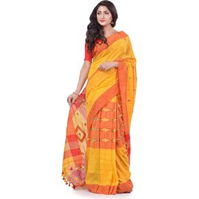 Women's Bengal Handloom Pure Cotton Saree Kotki Design With Blouse Piece (Yellow Red)