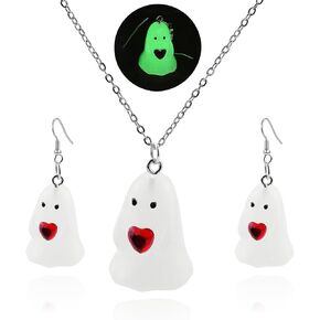 Halloween Ghost Earring Necklace Set for Women Glow Ghost Resin Earrings And Necklaces Cute Cartoon Ghost Jewelry Set Fluorescence in The Dark Earrings Jewelry