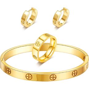 3 Pcs Gold Hoop Earrings Bracelets Ring Sets for Women-18K Gold Plated Love Bracelet Cubic Zirconia Cuff Bangle Hoop Earrings Friendship Love Ring Jewelry Set,Wedding Party Christmas Valentine's Day Birthday Gifts for Her Girlfriend Sister Daughter