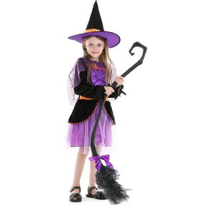 Witch Costume for Girls, Fairytale Witch Costume Set with Pointed Hat and Broom, Perfect for Witch Party and Role Play 3-14
