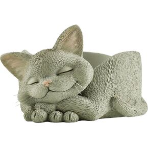 JFSM INC. Grey Cat Trinket Dish Planter Jewelry Holder - Happy Cat Collection - Gifts for Cat Lovers, Home Decor