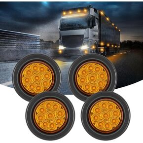 FXC 4Pack 2 Inch Round Truck Trailer LED Side Marker Clearance Lights 9 Diodes with Reflectors Waterproof 12V Side Fender Marker Light with Grommets and Wire Pigtail (Amber)