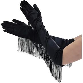 Long Satin Gloves with Tassel Vintage Opera Pageant Gloves 1920s Halloween