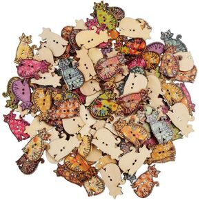 AKOAK 50 Pack Vintage Random Color 2-Hole Cat Shaped Wooden Buttons Decorative Wooden Buttons for DIY Clothing Handmade Scrapbooking Craft