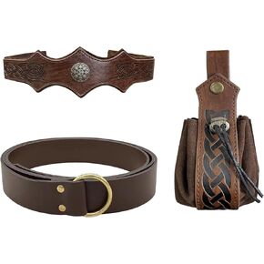 3 PCs Medieval Faux Leather Belt Accessories Set with Vintage Viking Headpiece and Renaissance Dice Bag for LARP （Brown A）