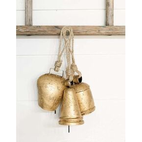 Giant Harmony Cow Bells Vintage Handmade Rustic Lucky Christmas Hanging Cone Bells Handmade Brass Finish Wall Hanging Rope 3 Bell Christmas Decor Bell