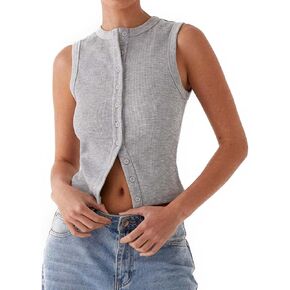 Women Vest Top Knit Ribbed Button Down Tank Top Sleeveless Slim Fit Cropped Going Out Tops Fall