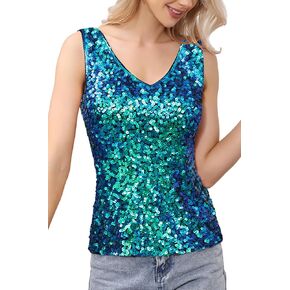 Anna-Kaci Women's Sparkly V-Neck Sequin Tank Tops Sleeveless Sexy Glitter Disco Club Party Vest