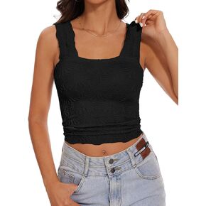 Women’s Square Neck Wide Strap Flower Cropped Tank Top Backless Lettuce Trim Slim Fit Love Letter Cami Vest
