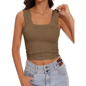 Women’s Square Neck Wide Strap Flower Cropped Tank Top Backless Lettuce Trim Slim Fit Love Letter Cami Vest in Kuwait