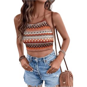 SOLY HUX Women's Boho Chevron Print Cami Crop Tops Halter Tie Backless Summer Top
