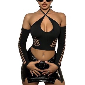 SHENHE Women's Cutout Criss Cross Tie Backless Sexy Crop Halter Top with Oversleeve