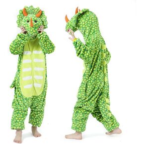 Kids Dinosaur Onesie Costume for Boys and Girls Green Triceratops Costume for Halloween Dress-up Party Cosplay(4-14Y)