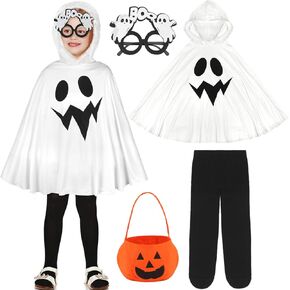 Lewtemi 4 Pcs Halloween Costumes White Ghost Costumes Set Includes Cosplay Glasses Ghost Cloak Pumpkin Bucket and Tights for Trick or Treating Spooky Role Play Party