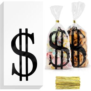 Money Treat Bags, Dollar Sign Candy Bags for Party Favors Supplies, 50 Pcs Money Bag Prop Cellophane Gift Bags with Twist Ties, Cookies Goodie Bags for Halloween Casino Pirate Birthday Decorations