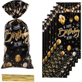 CSTYWC 50PCS Happy Birthday Cellophane Treat Bags Small Black Gold Dot Goodie Bags Party Favor Candy Bags with 50PCS Twist Ties Cookie Packaging Gift Bags for Kids Birthday Party Supplies