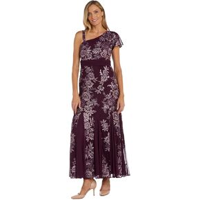 R&M Richards Long One Shoulder Dress W/Godet Skirt and Sequin Embellishments