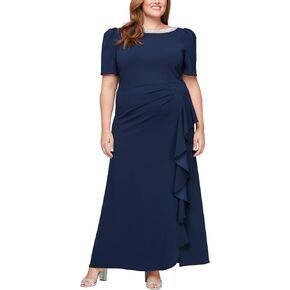 Alex Evenings Women's Long Embellished Neck Elbow Puff Sleeve, Mother of The Bride, Formal Dress (Plus Size)