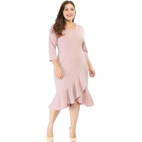 Agnes Orinda Women's Plus Size Business Ruffled Dress 3/4 Sleeve Office Work Cocktail Dresses Party Wrap Dress